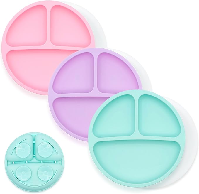 WeeSprout Suction Plates for Babies With Lids & Toddlers - 100% Silicone, Dinnerware Stays Put, Divided Design for Picky Eaters, Microwave & Dishwasher Friendly, 3 Pack