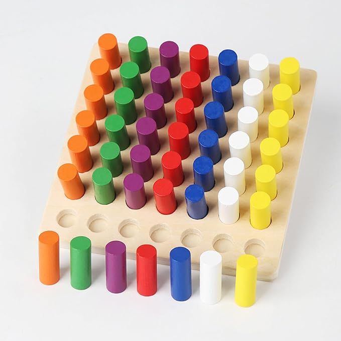 Montessori Wooden Cylindrical Peg Board Toy, Color Recognition, Fine Motor Development