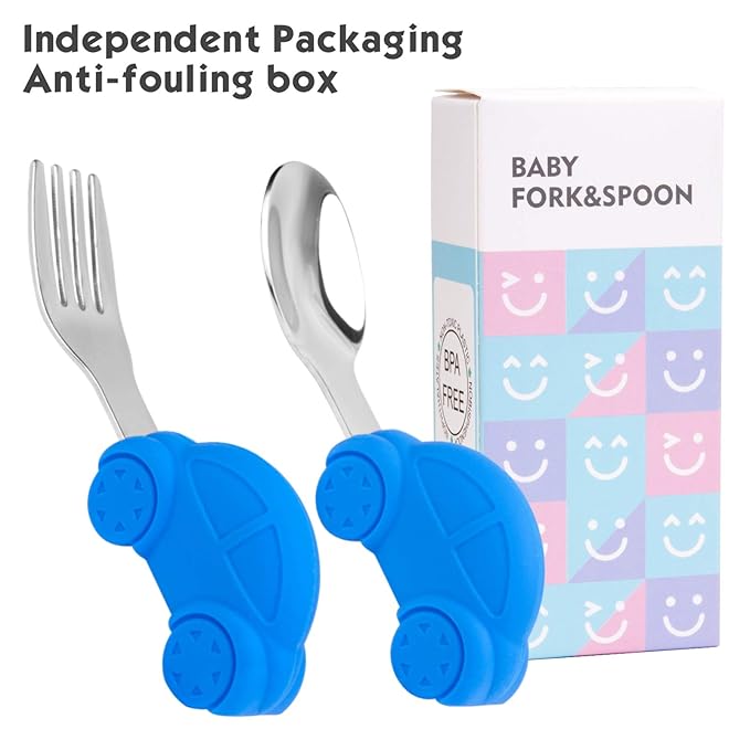Toddler Spoon and Fork Set, Easy Grip for Baby, Toddler Children, Perfect Self Feeding Learning Utensils, 12 Month+ (Car)