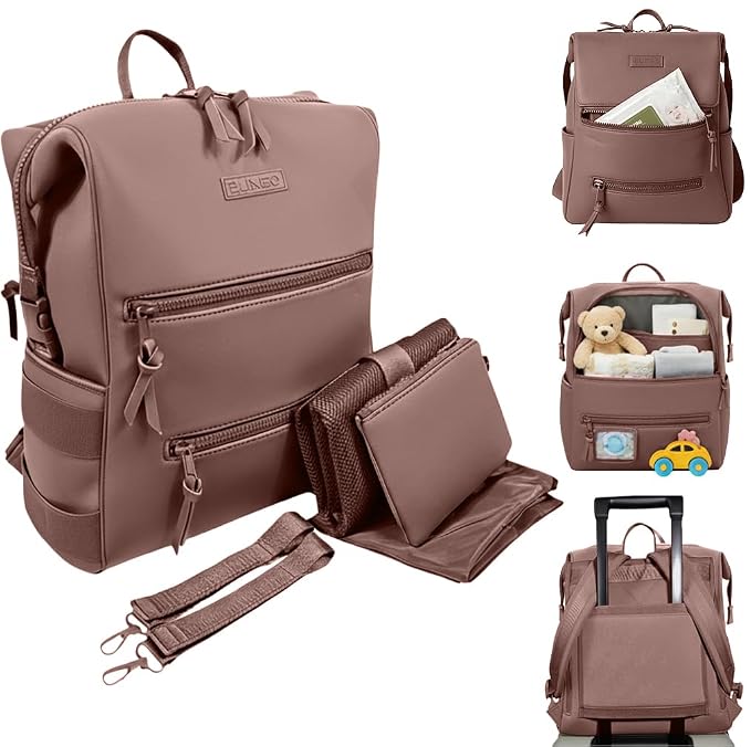 BUNSO Baby Neoprene Diaper Bag, Minimalist Backpack Diaper Bag with Pouch, Changing Pad, and Stroller Straps, Water Resistant and Lightweight Baby Girl Diaper Bag, Diaper Bag Backpack, Mauve