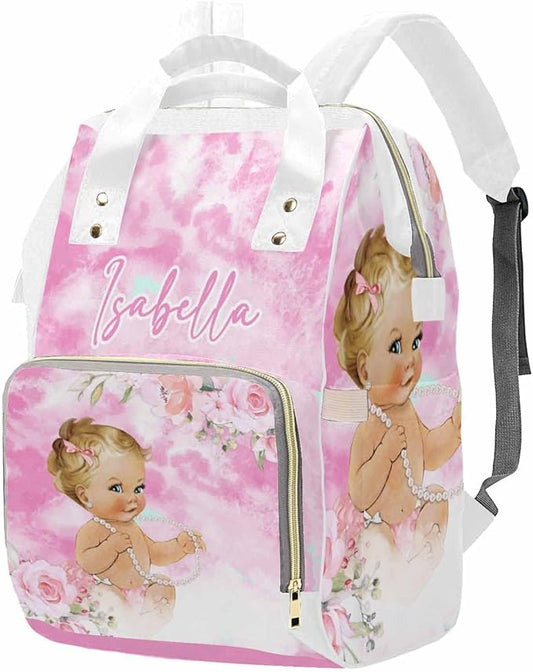 M YESCUSTOM Personalized Pink Diaper Bag Backpack with Name Custom Mommy Nursing Bag with Name for Women Wife