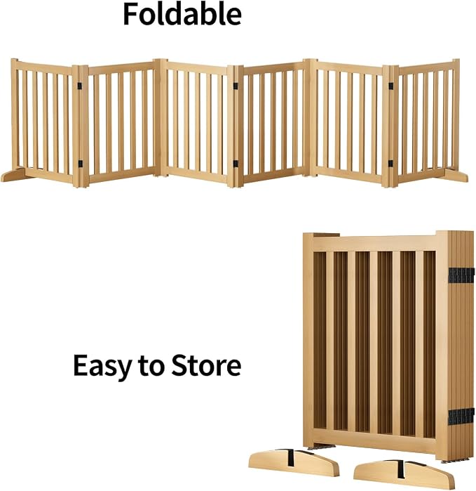 Wooden Freestanding Foldable Dog Gate, 24 Inch Height 6 Panel Pet Gate No Drill for Doorways Stairs, Fully Assembled Indoor Puppy Fence (Wood Color, 120" W x 24" H)
