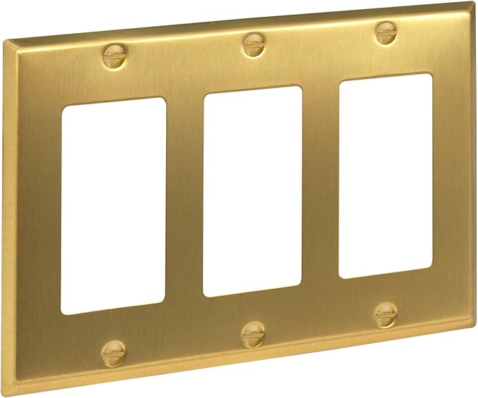 Rio Salto BRASS Signature Collection Brushed Brass Gold Metal Outlet Cover, Decorative Light Switch Cover Plate Wall Plate, Premium, Triple Rocker 3-Gang, 6.33" X 4.50" Standard Size