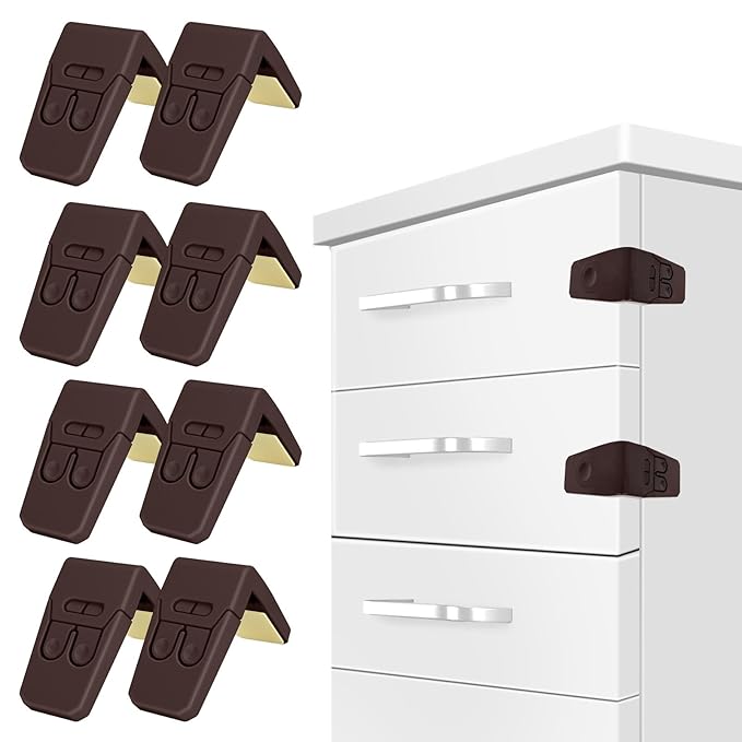 FYY Cabinet Locks for Babies - 8 Pack Child Proof Cabinet Locks Child Safety Locks for Cabinets Baby Proofing Angle Type Drawer Locks Latches with Strong Adhesive for Drawers Doors Cabinets Coffee