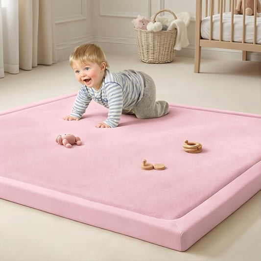 Goyuu Ultra Soft 1.3" Thick Baby Play Mat for Floor, 79x118 Playpen Mat Elasti-Foam Padded Crawling Mat for Babies, Toddlers, Infant, Kids, Non-Slip Backing Safe for Tummy Time Pink