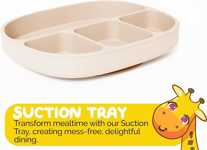 Baby Feeding essentials Baby Led Weaning Supplies in neutral Beige Color with Suction plates for baby with lid and baby spoons and toddler forks - (3 Piece Set)