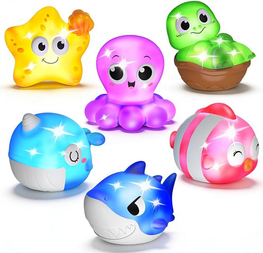 6 Packs Light Up Bath Toys for Kids Ages 1-3, Sea Animals Bathtub Toys for Baby 12-18 Months Toddlers 2-4, Water Activated Pool Toys for 1 2 Year Old Boy Girl Gifts