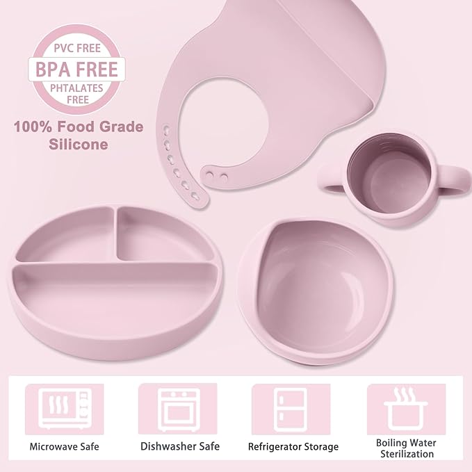 LITTLE RAWR Silicone Baby Feeding Set 14 Pcs,Baby Led Weaning Supplies, Baby Spoons Suction Bowl Divided Plate Bib Cup Finger Brush,First Stage Solid Food Eating Utensils - 6+ Months(Light Pink)