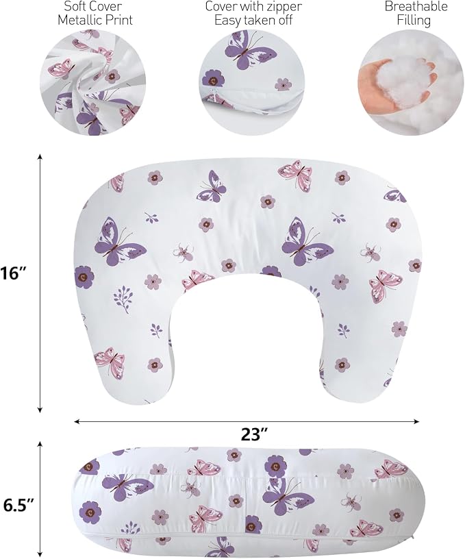 Little Grape Land Ergonomic Nursing Pillow,New Breastfeeding Pillows Support for Mom and Baby,Breathable and Soft with Cute Washable Cover, Multi-Use Feeding Pillow for 0–12 Months, Purple Butterfly