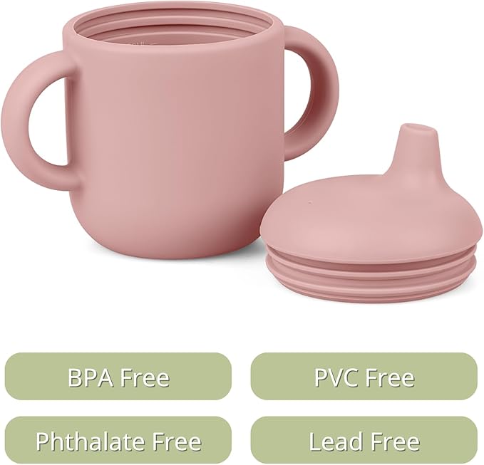 Silicone Baby Drinking Cups - Sippy Cups for 6-12 Months Toddlers - Pack of 2 Food Grade Training Cups with Lids & Grip Handle for Baby Led Weaning, 6 oz (Blush/Mauve)