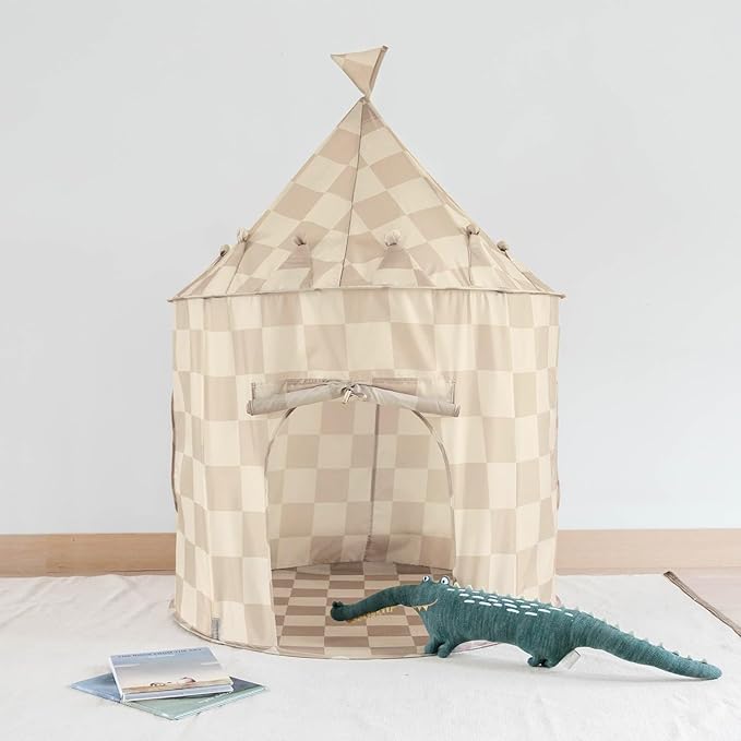 3 Sprouts Kids Play Tent - Sustainable Recycled Fabric ??Fun Spacious Childs Playhouse for Indoor Games for Boys & Girls - Durable Fort Pop Up House for Toddlers & Children Age 3-10 - Checkered Beige
