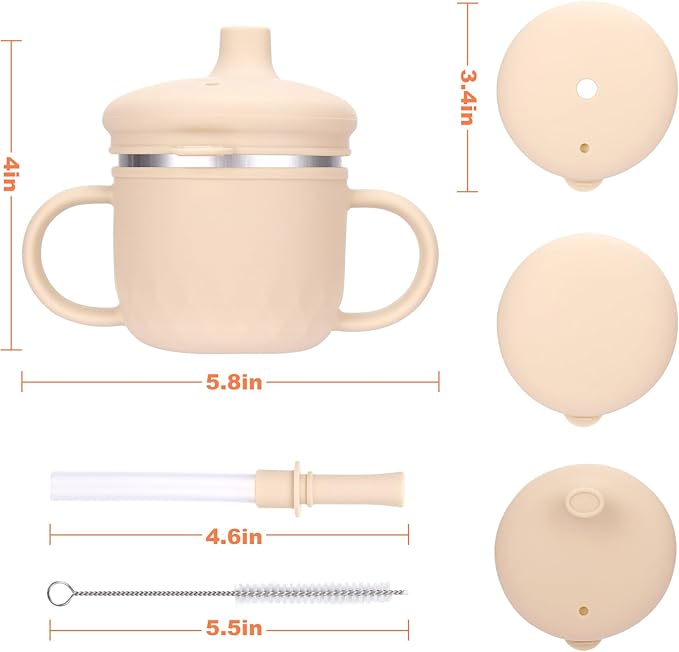 BUSOHA Stainless Steel Toddler Sippy Cup ??8oz Spill-Proof Straw Cup for 6+ Month Babies & Toddlers, 3-in-1 Reusable Travel Cup with Brush ??Dishwasher Safe, Kids Drinking Cup,Beige