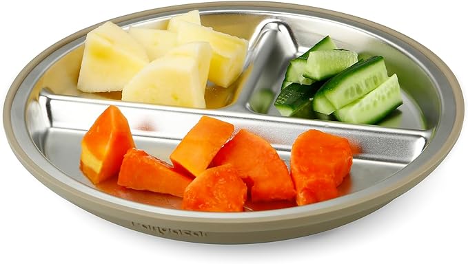 PandaEar 3 Pack Stainless Steel Baby Suction Plates, Divided Toddler Plate for Baby Led Weaning Supplies, Non-Slip Toddler Baby Feeding Set Dishwasher Safe (Linen/Brown/Tan, With Spoons)