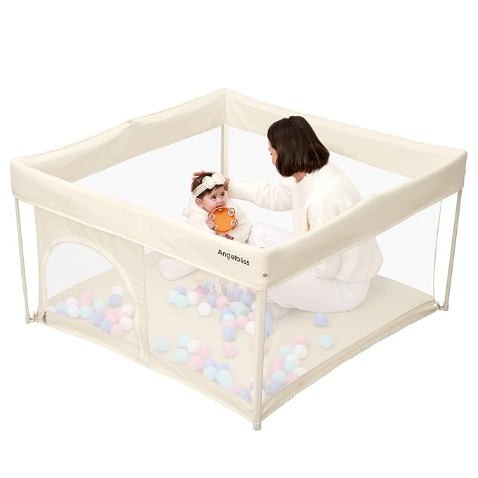 Foldable Baby Playpen 50"×50", Out-of-the-Box Ready Playpen for Babies and Toddlers, Portable Play Yard with Breathable Mesh & ASTM F406 Certified (Beige)