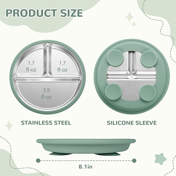 SPMKTQK 3Pack Sainless Steel Kids Plates with Suction, 8.1??Divided Toddler Baby Plates with Removable Silicone Sleeves BPA Free Non-Slip 2-in-1 Anti Breakage Metal Toddler Bowls