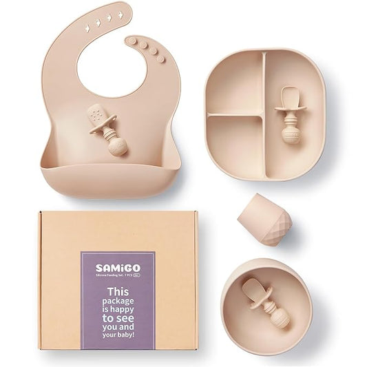 SAMiGO Silicone Baby Feeding Set, Suction Plate Bowl Set, Self Feeding Spoons, Bib, Cup, Baby Led Weaning Supplies, First Stage Feeding Essentials, Food Eating Utensils, 6+ Months