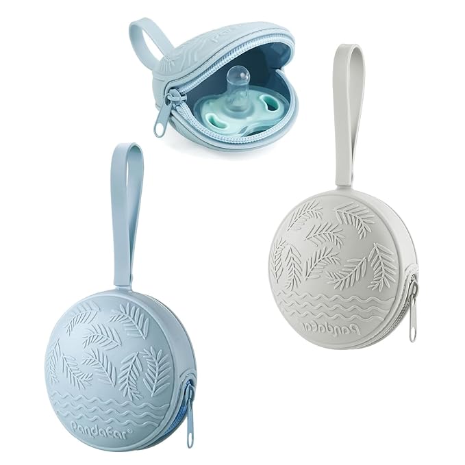 PandaEar 4 Pack Pacifier Holder Case Set, 2 Pack Silicone Portable Travel Pacifier Pouch & 2 Pack Silicone Baby Cutlery Holder Bags, BPA Free, Universal Accessories Holders (Light Blue,Grey)