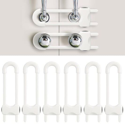 Baby Proofing Cabinets, Sliding Cabinet Locks for Babies, Adjustable U Shaped Baby Safety Locks, Childproof Cabinet Latch for Kitchen, Bathroom, Drawer, Cupboard Doors Knobs & Handles (6 Pack White)