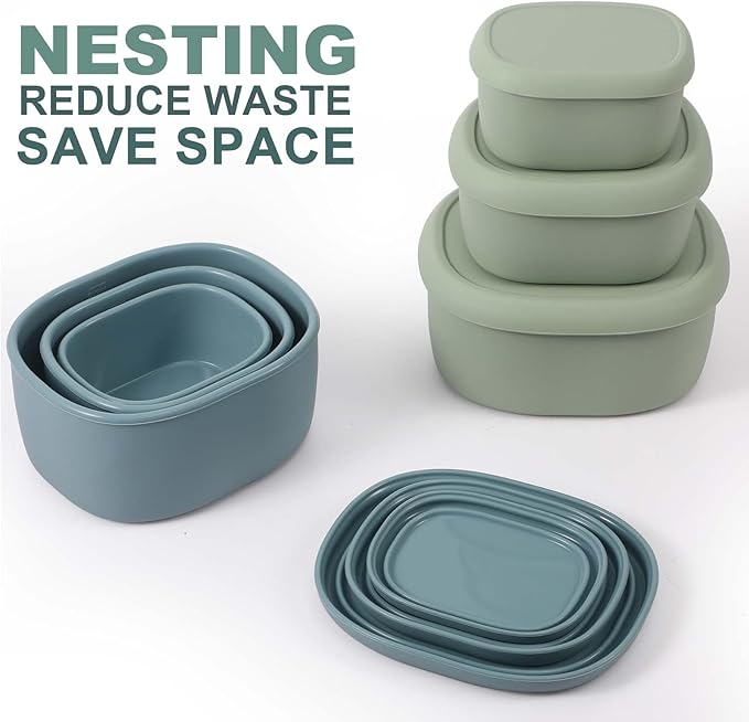 Vesici 9 Pcs Silicone Food Storage Containers Collapsible Reusable Small Containers with Lids Bpa Free for Christmas Party Snack Camping Lunch Bento Box (6.7oz, 10oz, 20oz) Green Blue Yellow