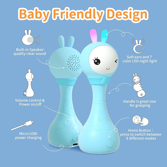 alilo Yoyo Talking Bunny Baby Singing Musical Rattle, Mimicking Toys Repeats What You Say, Preloaded 90+ Audio Content, ABC/Number/Notes Learning Toys for Toddlers Infant Newborn Boy Girl Gifts