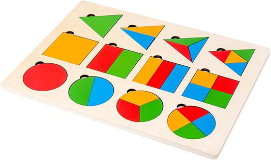 Montessori Geometric Shape Fraction Puzzle Board, Wooden Shape Matching Peg Puzzle