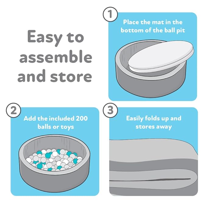 Nuby Velvet Ball Pit - 200 Colored Balls Included - Soft Foam Play Pit for Baby and Toddlers, Indoor/Outdoor Playpen, Play Gym - Aqua & Gray
