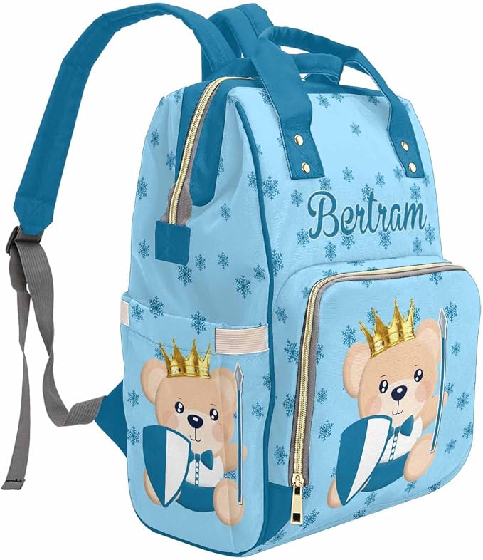 M YESCUSTOM Customized Prince Bear Diaper Bag, Personalized Blue Snowflake Cute Mommy Daypack with Name, Nylon Waterproof Backpack for Travel, Lovely Custom Gift for Women