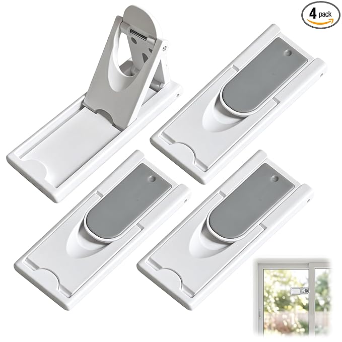 Sliding Door Lock 4 Pack – White Child Safety Sliding Glass Door Lock, No-Drill Adhesive Lock for Windows, Closets & Patio Doors, Baby Proof Stopper for Home Security