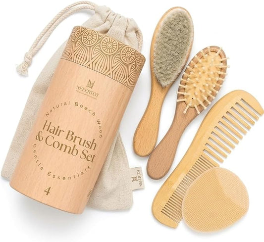 Wooden Baby Hair Brush Grooming Kit with Beech Wood Goat Hair Brush, Cradle Cap Brush, Silicone Scalp Massager, Ultra Soft Bristle Brush | Gender Neutral Newborn Hairbrush Set for Boy or Girl