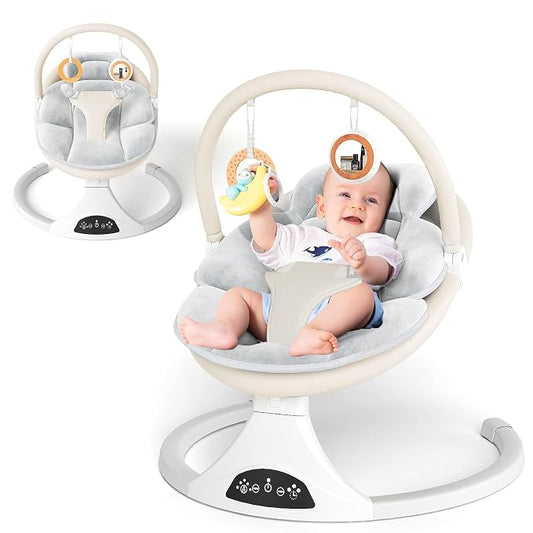 Electric Baby Swing with Remote Control - 5 Natural Motion Speeds, Detachable Seat Pad | Portable Infant Swing for Indoor/Outdoor Use (0-6M, 20lbs) (Beige)
