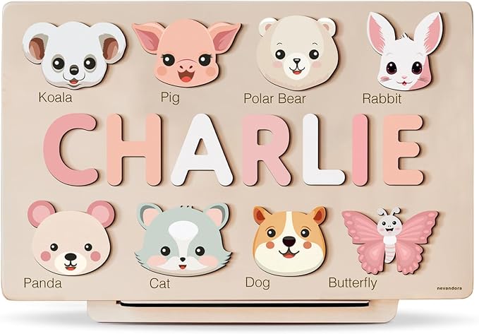 Custom Baby Name Puzzle with Animals, Baby Girl and Boy Gift, Personalized Puzzles for Toddlers, 3 6 9 12 15 18 24 36 Months Toy, Custom Babys Gift, Boy and Girl Personalized Wood Toy