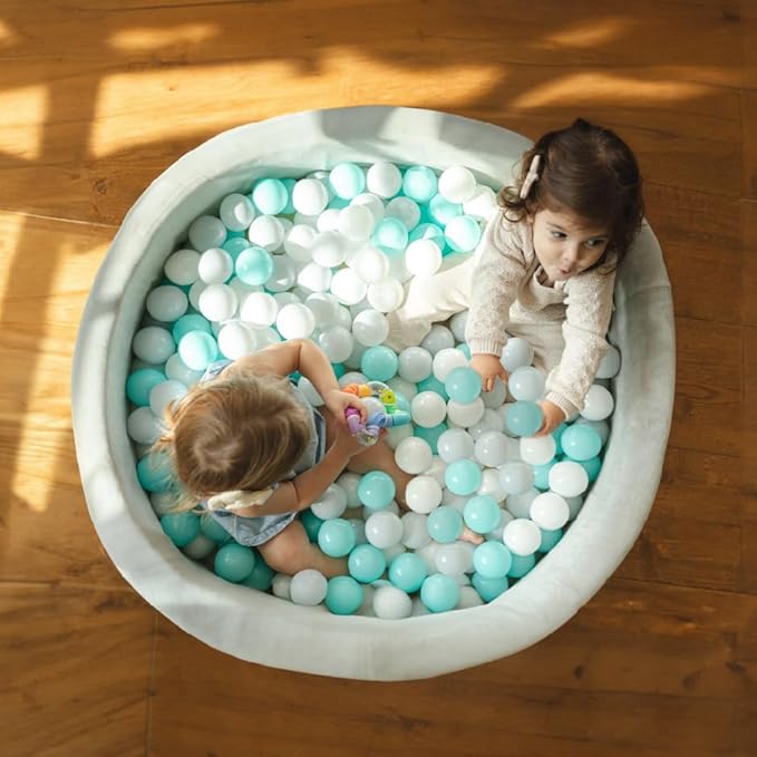Nuby Velvet Ball Pit - 200 Colored Balls Included - Soft Foam Play Pit for Baby and Toddlers, Indoor/Outdoor Playpen, Play Gym - Aqua & Gray