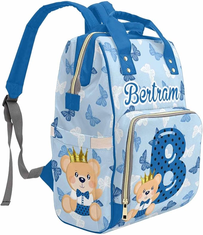 M YESCUSTOM Diaper Bag Custom Name Letter Personalized Blue Butterfly Diaper Bag with Cartoon Prince Bear Suits for Women Travel Outdoor Use