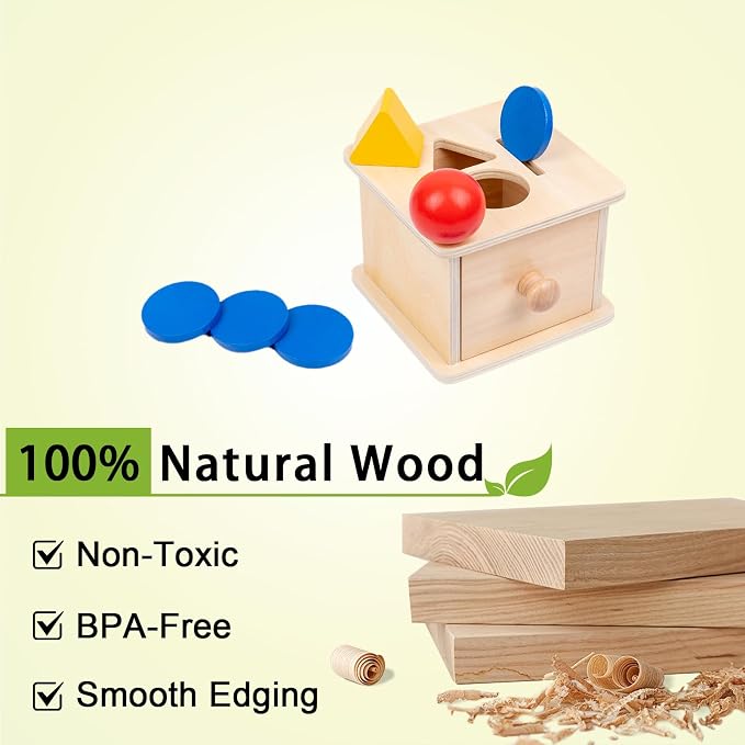 Adena Montessori Coin Box,3 in 1 Object Permanence Box Toys for 1 Year Old Baby Coins,Wooden Montessori Ball Drop Toys Developmental Toys for 6-12 Month Infant Toys,Triangle Ball Round Shapes