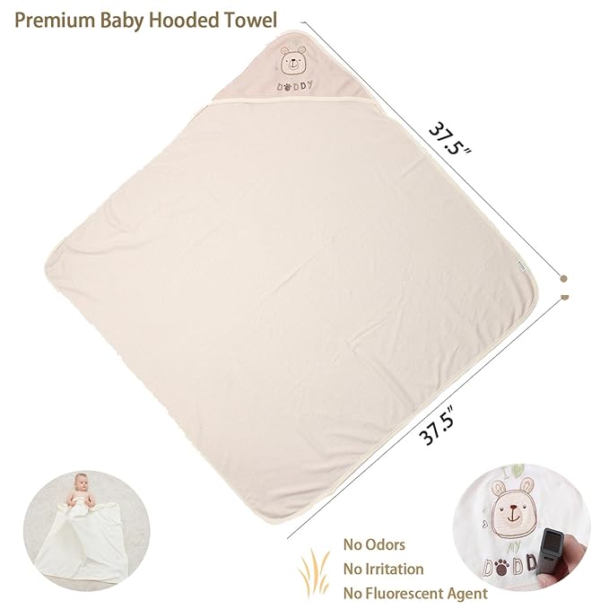 6-Pack Organic Cotton Baby Bath Set - Embroidered Hooded Towel & 5 Soft Washcloths, Ultra Soft Newborn, Toddlers, Registry Gift for Boys & Girls, Brown 37.5 x 37.5 Inches