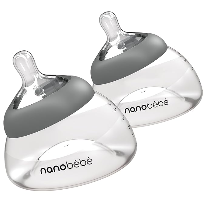 Nanobebe Breastmilk Bottle, Breastfeeding Newborn Breast Like, Anti Colic, Perfect Latch, Preserves Breast Milk nutrients, Twin-Pack Grey