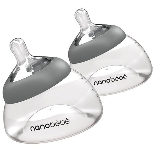 Nanobebe Breastmilk Bottle, Breastfeeding Newborn Breast Like, Anti Colic, Perfect Latch, Preserves Breast Milk nutrients, Twin-Pack Grey