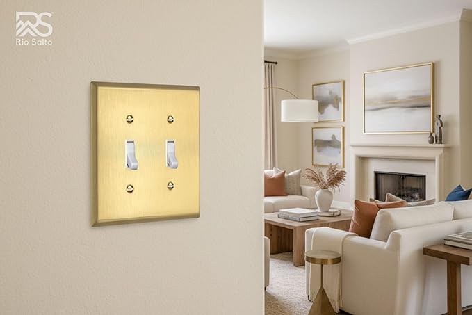 Rio Salto BRASS Signature Collection Brushed Brass Gold Metal Outlet Covers, Decorative Light Switch Cover Plate Wall Plate, Premium, Double Toggle Flip Switch 2-Gang, 4.56" X 4.50" Standard Size