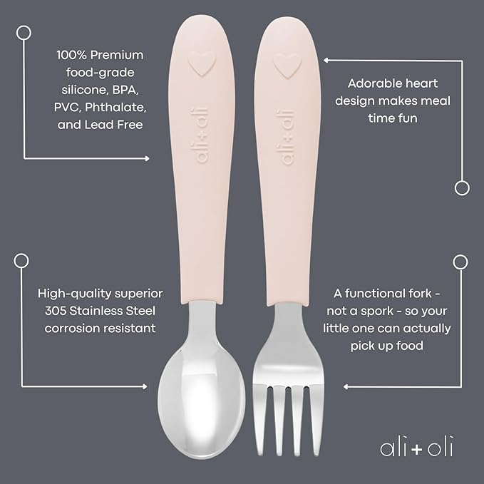 Ali+Oli Toddler Utensils Set (6 Pack) ??Stainless Steel Kids Silverware with Soft Silicone Handles, BPA Free Baby Forks and Spoons, Durable Children Flatware Dishwasher Safe for Self Feeding (Hearts)