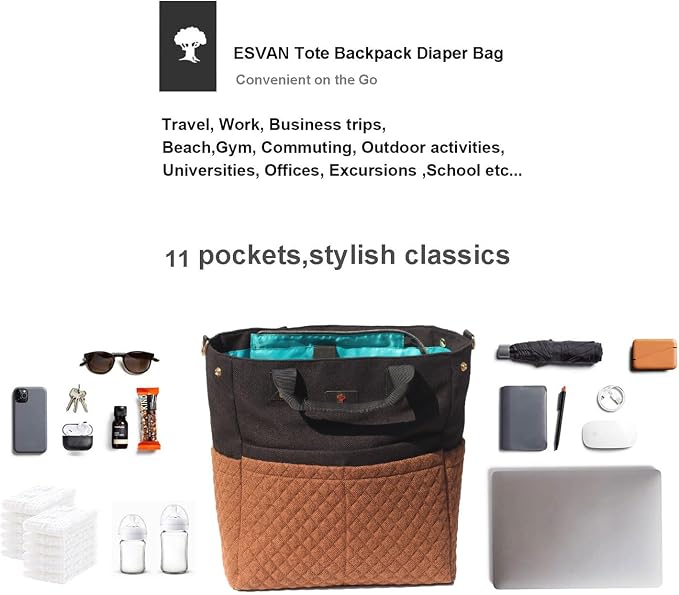 ESVAN Diaper Tote Bag Totepack Backpack Crossbody Bag 3 in 1 for Women Laptop Backpack Multifunctional with Insulated Pockets