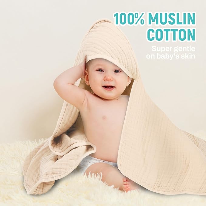 MIGIOL Hooded Baby Bath Towels 100% Muslin Cotton Baby Bath Towel for Infant, Toddler and Kids,Soft and Absorbent Newborn Essential，Large 32x32Inch 2 Pieces Coffee & Beige