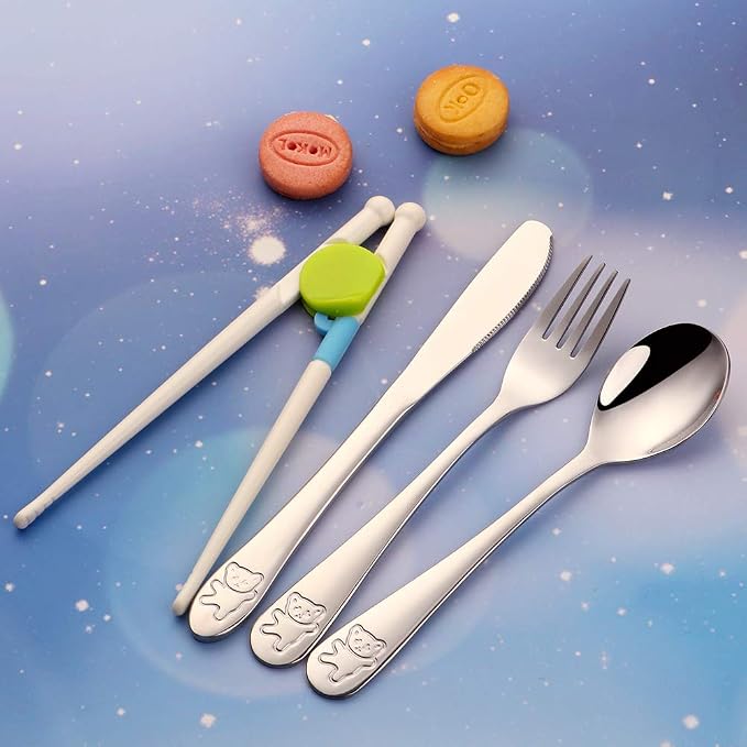 Stainless Steel Kids Utensils with Training Chopsticks | Toddler Silverware | Kids Silverware | Spoon + Fork + Knife + Chopsticks set | 4-12 Years+ | 12 Pieces | Dishwasher Safe | Silver