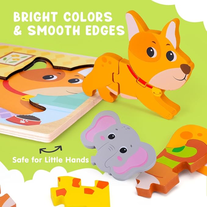 AuntyFey Wooden Puzzle for 1-3 Year Olds, 9 Pcs Baby Animal Montessori Puzzle, Ages 2-4, Learning Educational Toy
