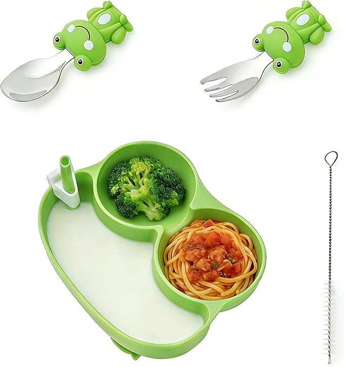 4-Piece Silicone Baby Feeding Set ??Baby Suction Plate with Spoon & Fork ??Unbreakable Food-Grade Toddler Plates Strong Suction ??Baby Led Weaning Essential,Utensils for 6-12 Months Toddler Dinnerware