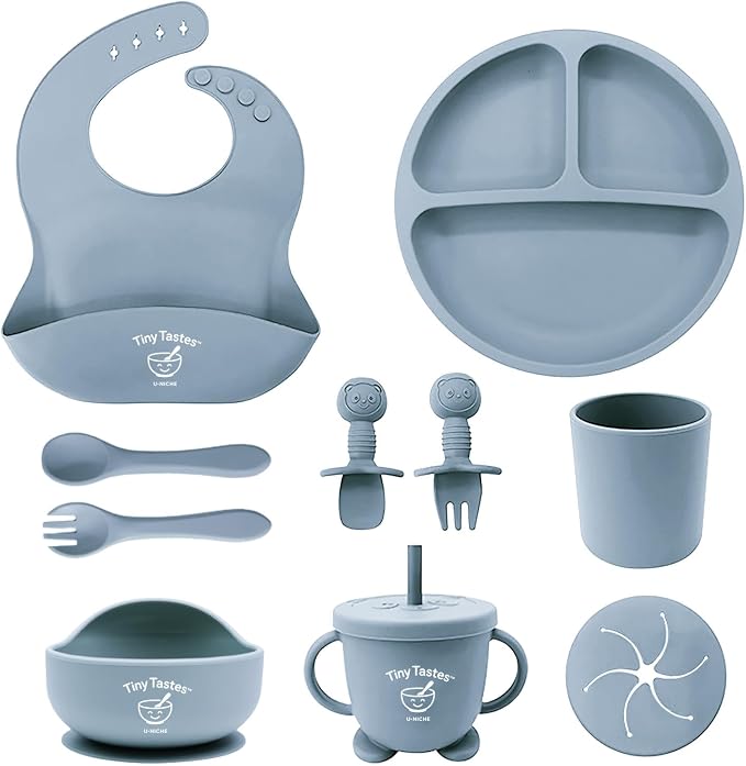 10-Piece Silicone Baby Feeding Set – BPA-Free, Spill-Proof Suction Plate, Bowl, Bib, Snack Cup & Utensils | Dishwasher Safe, Baby Gift Ready (Blue)
