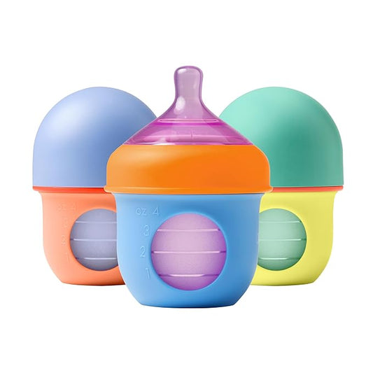 Boon Nursh Reusable Silicone Pouch Baby Bottles - Slow Flow Nipple - Silicone Baby Bottle Pouch and Nipple - Baby Feeding Essentials - Color Block - 0-3 Months - 3 Count - 4 Ounce (Pack of 12)