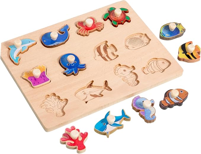 Vaveren Wooden Shapes Puzzle Shape Sorter Board Preschool Hand Eye Coordination Fine Motor Skill for Children Toddlers Birthday Gifts, Marine