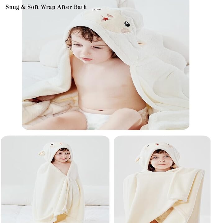 Toddler Baby Bath Towel with Hood 27.5"X55" Ultra Absorbent Soft Cozy Comfort Bathrobe Blanket, 0-6 Years Infant Shower Towel for Girls(White-Goat)