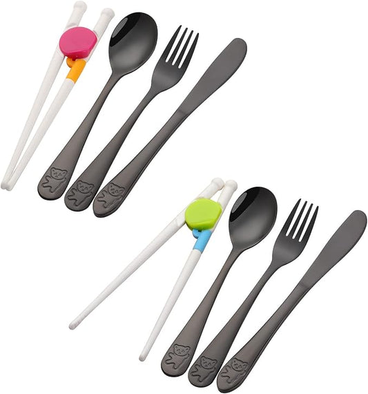 Stainless Steel Kids Utensils with Training Chopsticks | Toddler Silverware | Kids Flatware | Spoon + Fork + Knife + Chopsticks set | 4-12 Years+ | 8 Pieces | Dishwasher Safe | Black