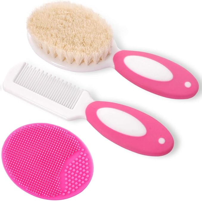 Baby Hair Brush and Comb Set for Newborns & Toddlers | Natural Soft Goat Bristles | Ideal for Cradle Cap | Perfect Baby Registry Gift (Red)